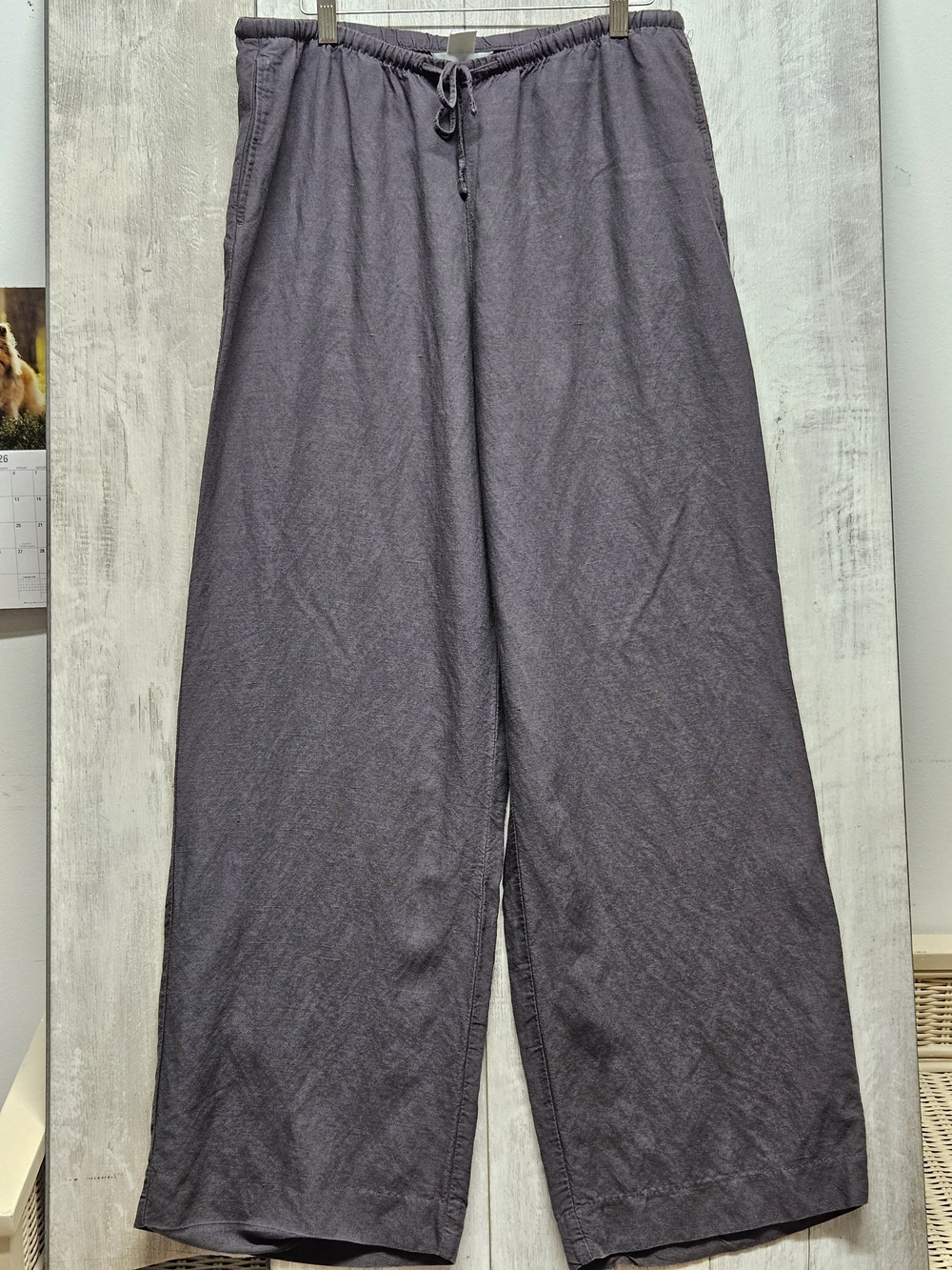 H&M Linen Blend Pull On Wide Leg Pants Drawstring Womens Size M Gray Relaxed